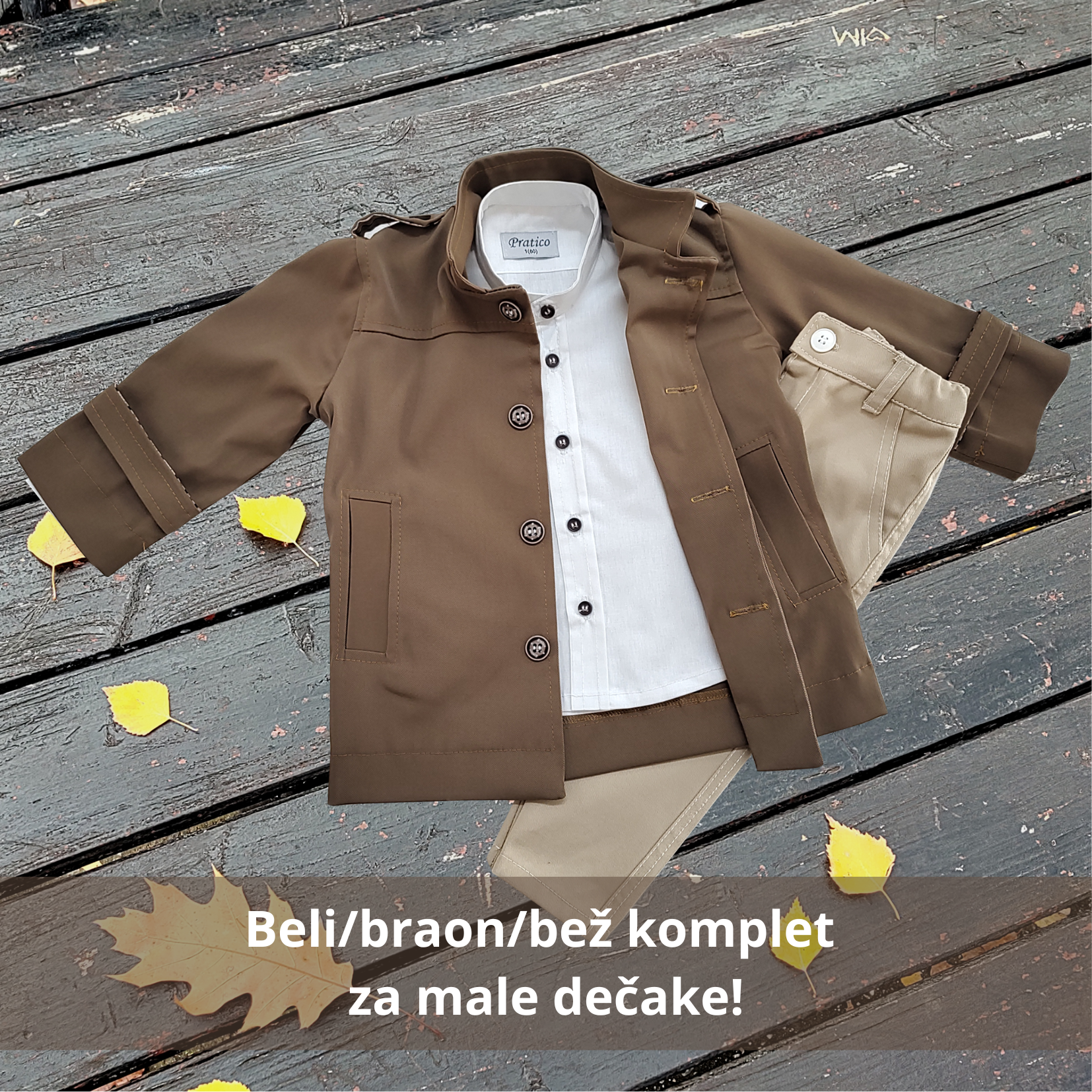 Beli/braon/bež komplet za male dečake sa mantilom